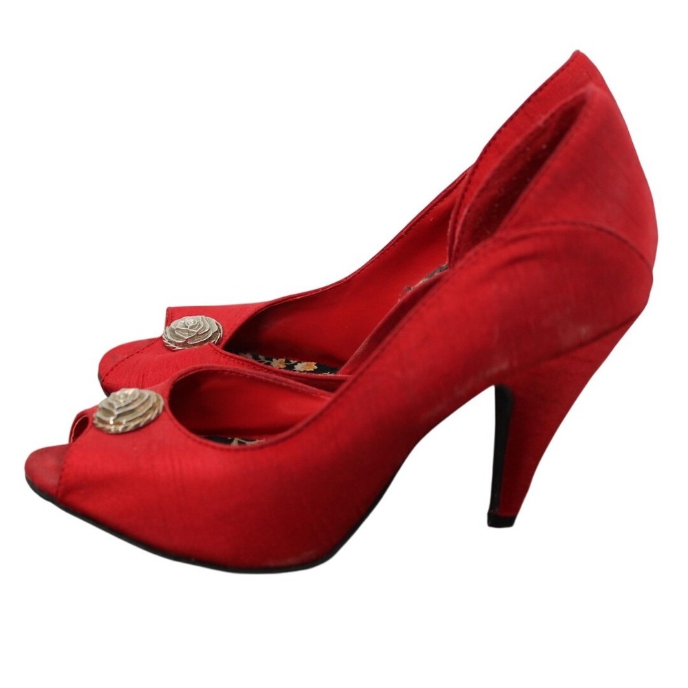 Rocket Dog Rose Peep Toe Pumps 5.5 Red Fabric Stiletto Rockabilly Pinup Retro